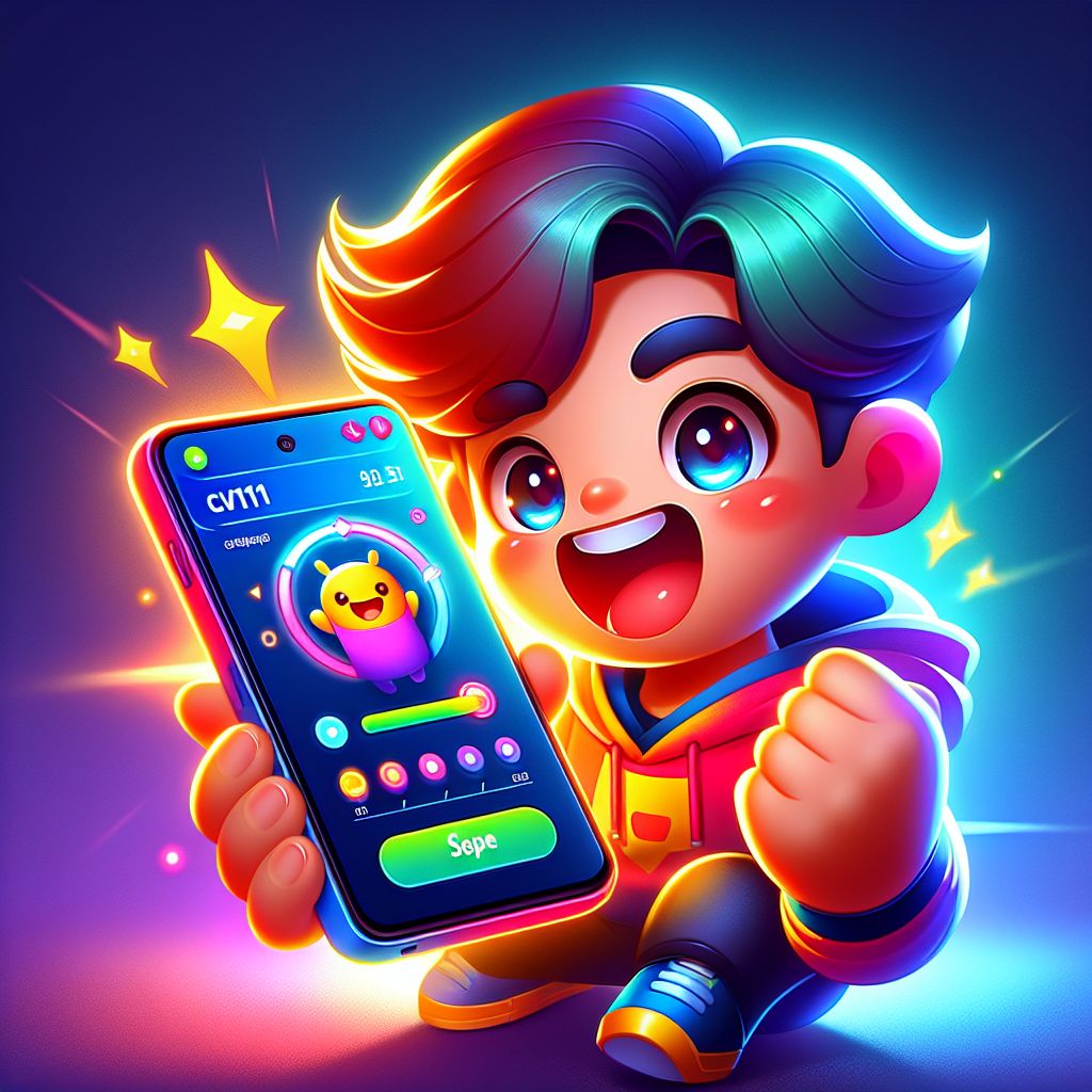 CV111 cartoon mobile app character with smartphone and bright gaming elements