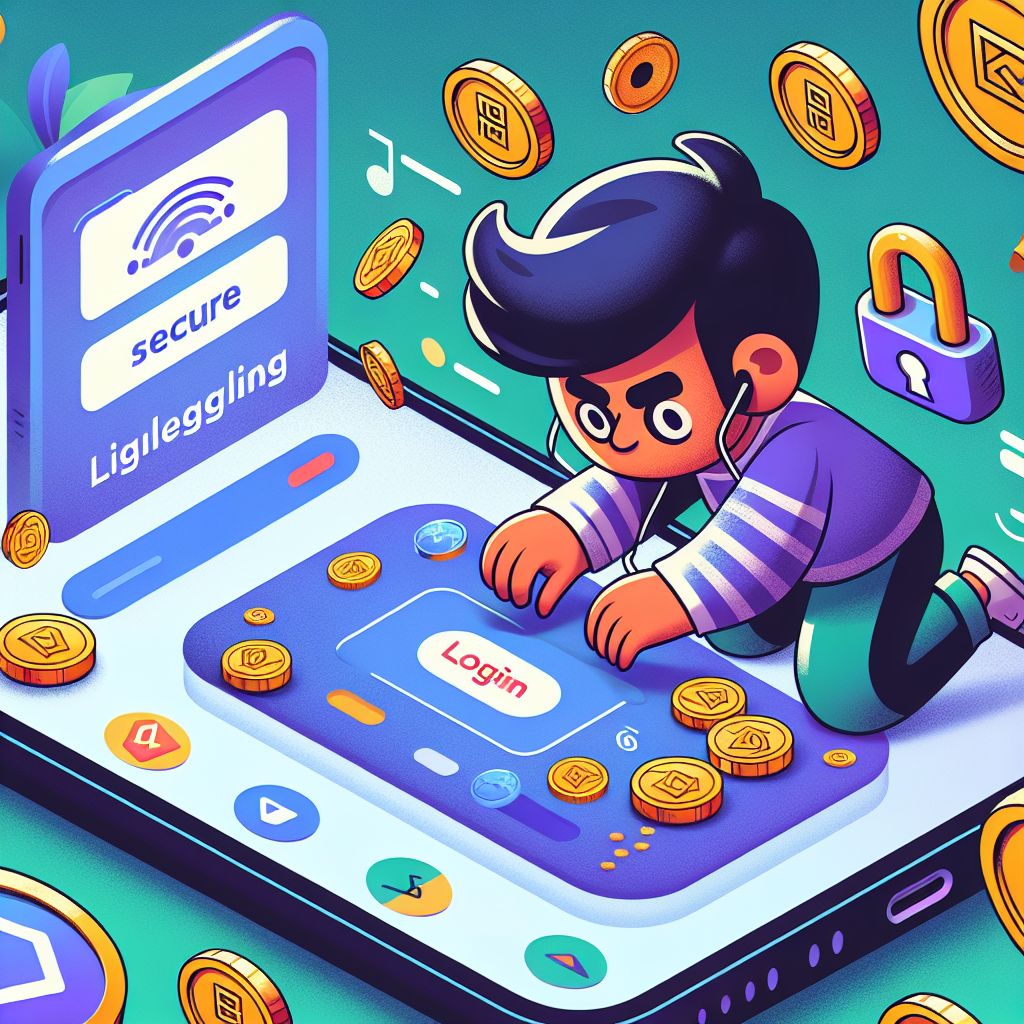 CV111 themed cartoon character using a mobile login screen with coins and gaming elements